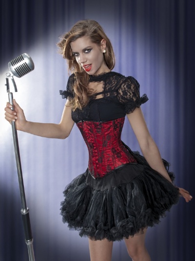 Red Satin and Black Lace Long Line Underbust Corset - BEC490